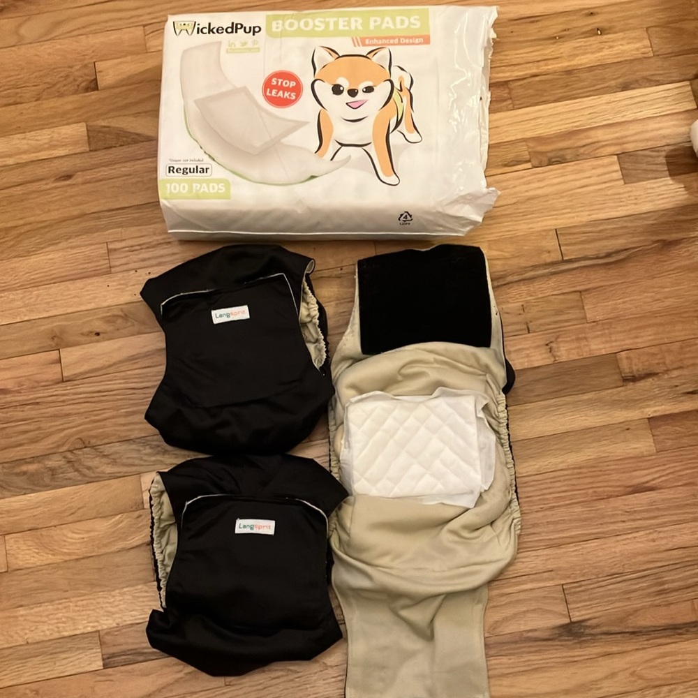 3 Black Lg Reusable MALE PET BELLY BAND WRAPS with 99 each DIAPER LINERS.